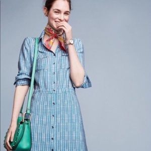 Anthropologie Maeve Blue Patterned Collared MidiShirt Dress Roll Tab Sleeves